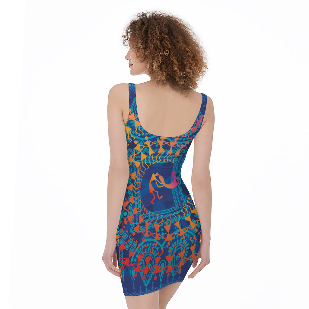 Ancient Indian Warli Tribal Print Sleeveless Bodycon Dress