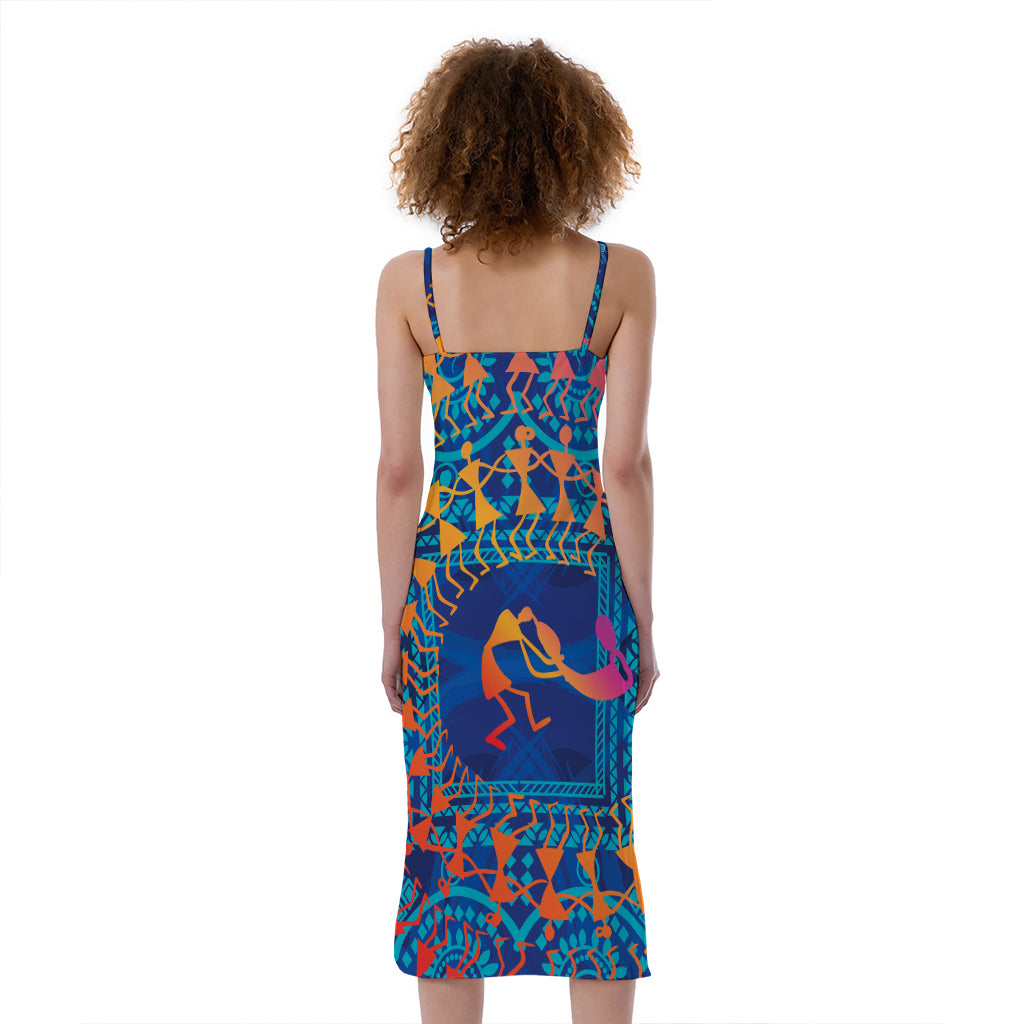 Ancient Indian Warli Tribal Print Slim Fit Midi Cami Dress