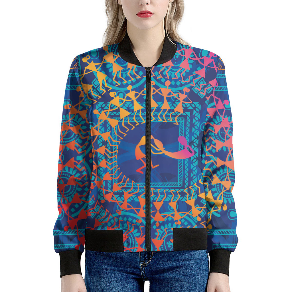 Ancient Indian Warli Tribal Print Women's Bomber Jacket