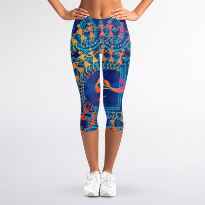Ancient Indian Warli Tribal Print Women's Capri Leggings