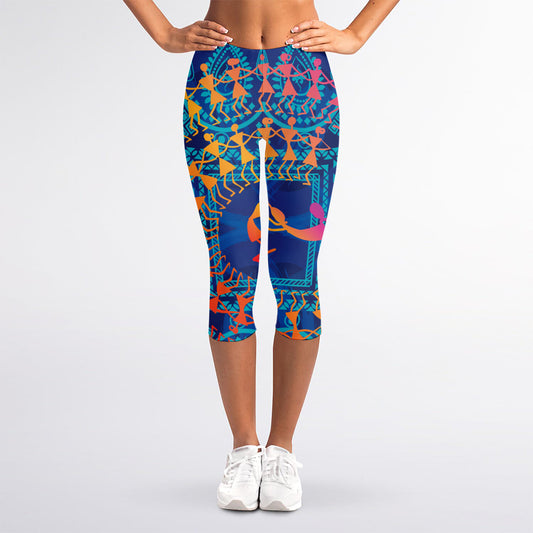 Ancient Indian Warli Tribal Print Women's Capri Leggings