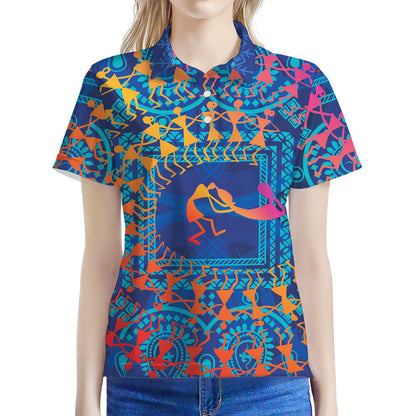 Ancient Indian Warli Tribal Print Women's Polo Shirt