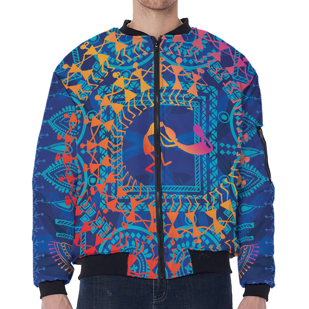 Ancient Indian Warli Tribal Print Zip Sleeve Bomber Jacket