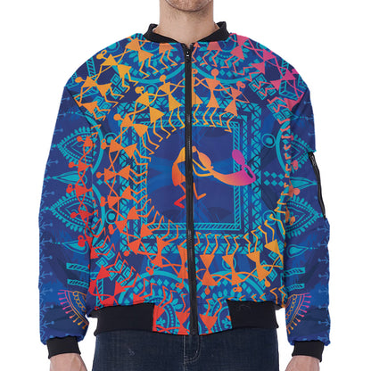 Ancient Indian Warli Tribal Print Zip Sleeve Bomber Jacket