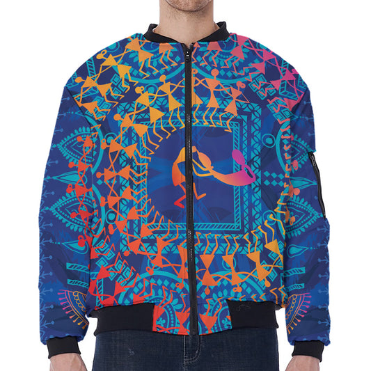 Ancient Indian Warli Tribal Print Zip Sleeve Bomber Jacket