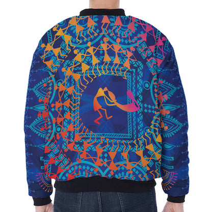 Ancient Indian Warli Tribal Print Zip Sleeve Bomber Jacket