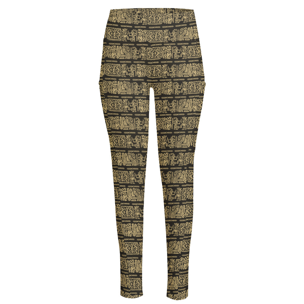 Ancient Maya Pattern Print High-Waisted Pocket Leggings