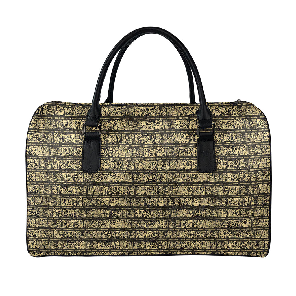 Ancient Maya Pattern Print Leather Duffle Bag