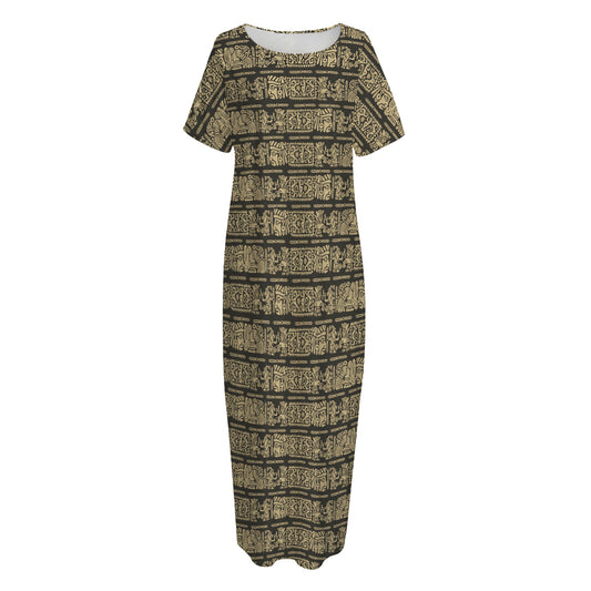 Ancient Maya Pattern Print Short Sleeve Long Nightdress