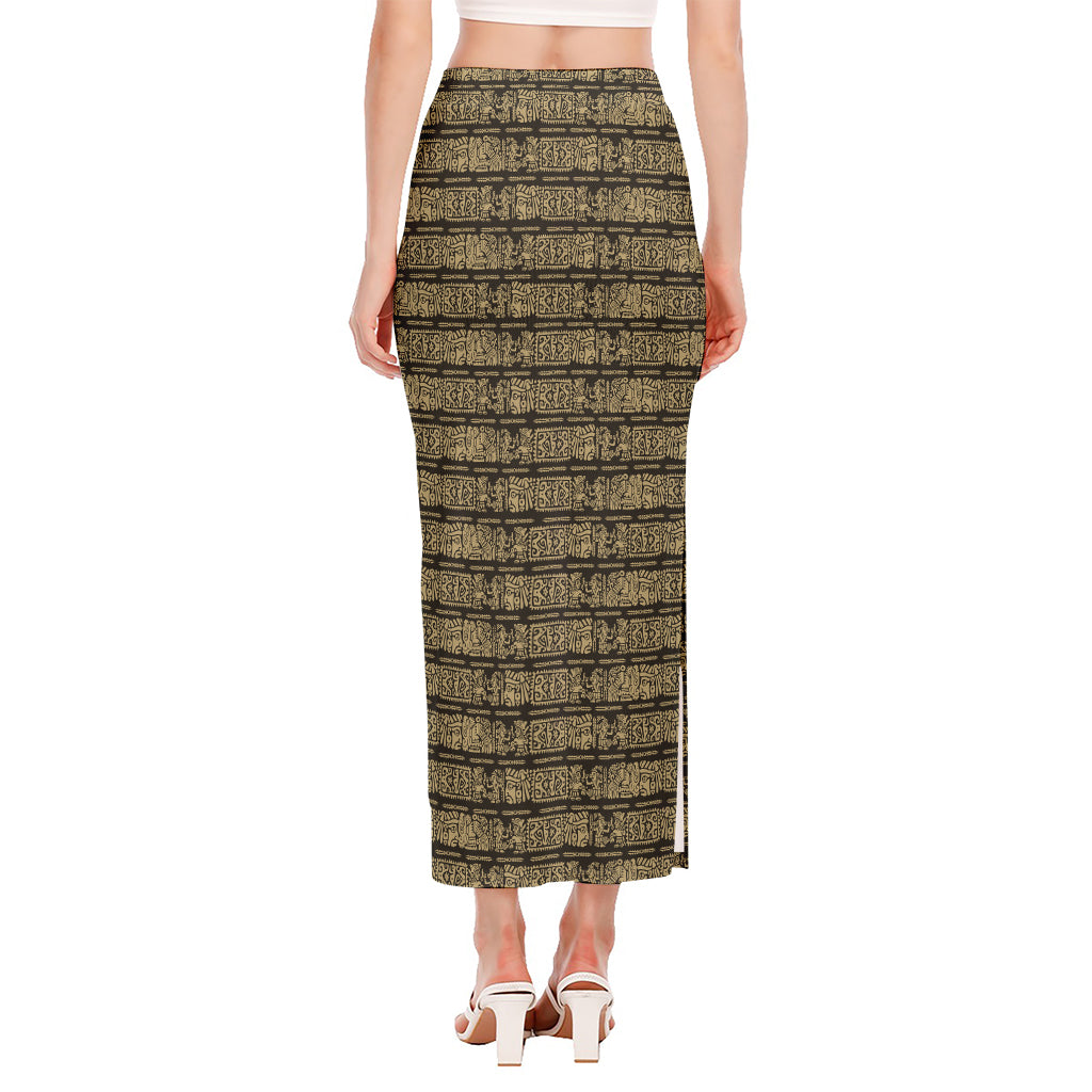Ancient Maya Pattern Print Side Slit Maxi Skirt