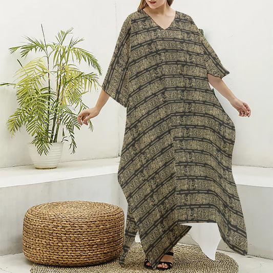 Ancient Maya Pattern Print Silk V-Neck Kaftan Dress