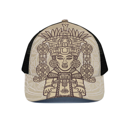 Ancient Mayan Statue Print Black Mesh Trucker Cap
