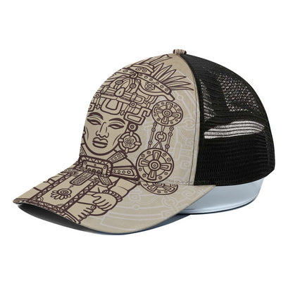 Ancient Mayan Statue Print Black Mesh Trucker Cap