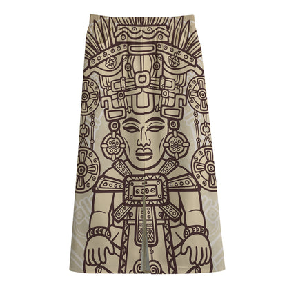 Ancient Mayan Statue Print Cotton Front Slit Maxi Skirt
