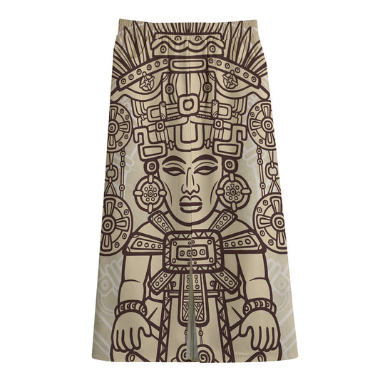 Ancient Mayan Statue Print Cotton Front Slit Maxi Skirt