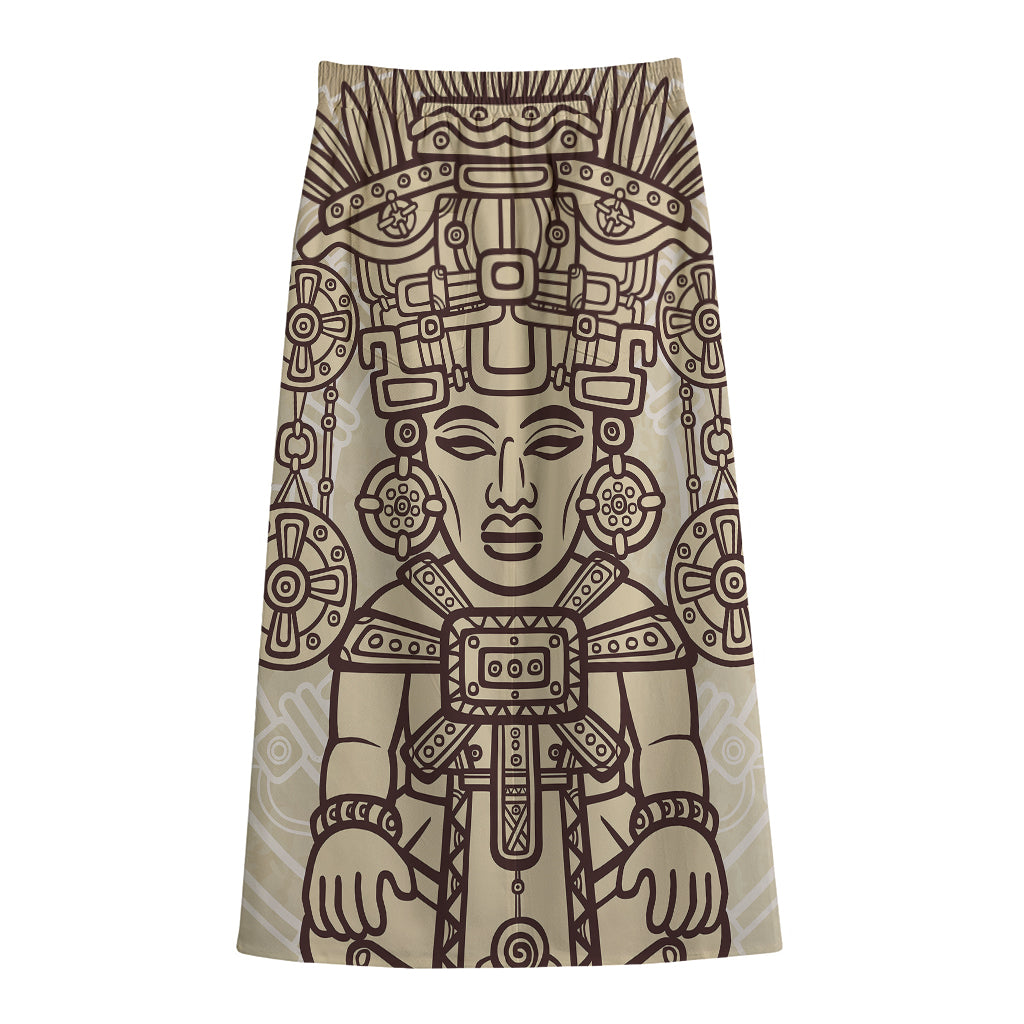 Ancient Mayan Statue Print Cotton Front Slit Maxi Skirt