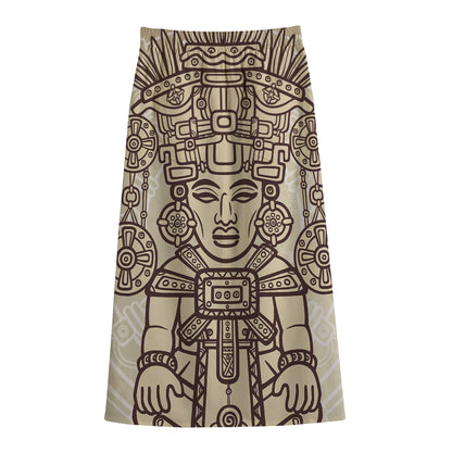Ancient Mayan Statue Print Cotton Front Slit Maxi Skirt