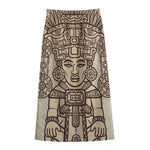 Ancient Mayan Statue Print Cotton Front Slit Maxi Skirt