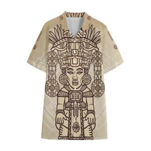 Ancient Mayan Statue Print Cotton Hawaiian Shirt