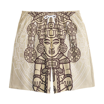 Ancient Mayan Statue Print Cotton Shorts