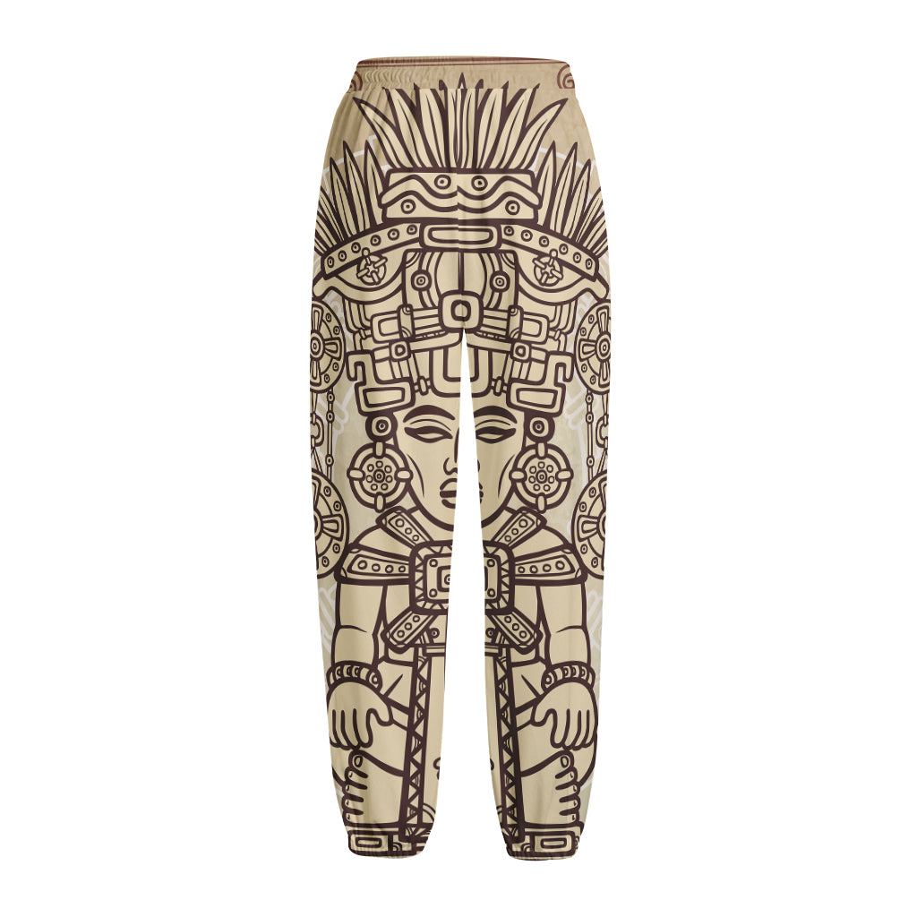 Ancient Mayan Statue Print Fleece Lined Knit Pants