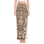 Ancient Mayan Statue Print High Slit Maxi Skirt