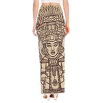 Ancient Mayan Statue Print High Slit Maxi Skirt