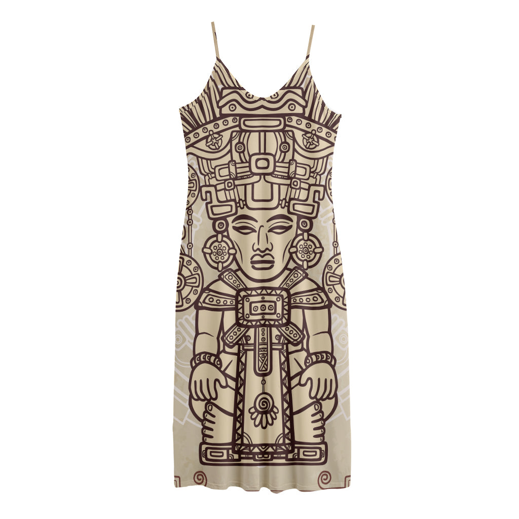 Ancient Mayan Statue Print Jersey Midi Cami Dress