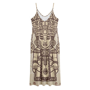 Ancient Mayan Statue Print Jersey Midi Cami Dress