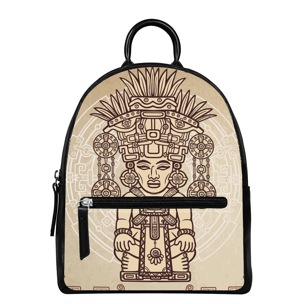 Ancient Mayan Statue Print Leather Backpack