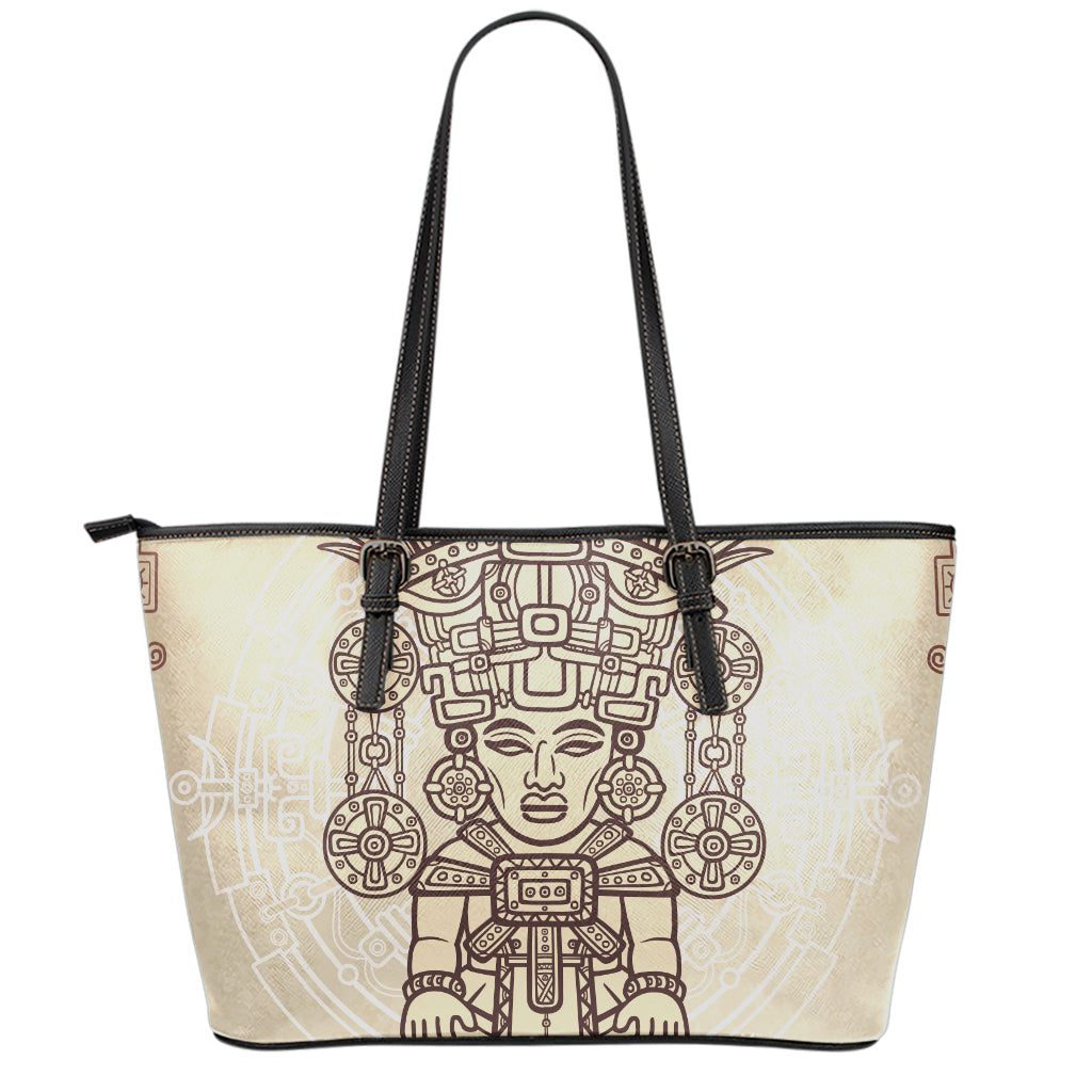Ancient Mayan Statue Print Leather Tote Bag