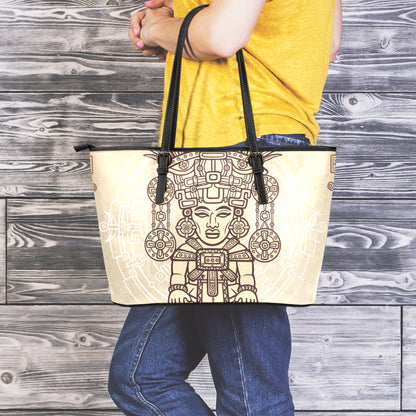 Ancient Mayan Statue Print Leather Tote Bag