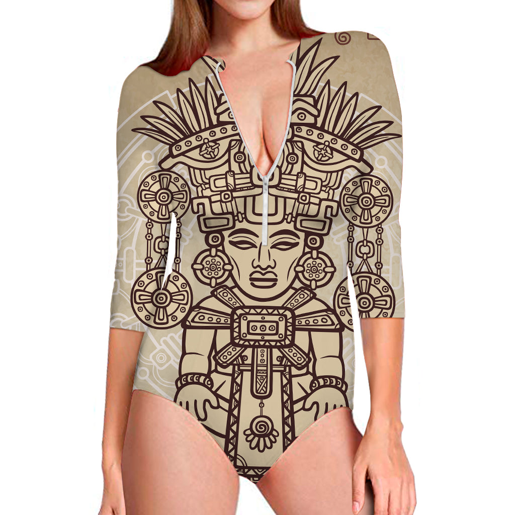 Ancient Mayan Statue Print Long Sleeve Swimsuit