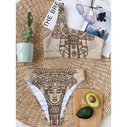 Ancient Mayan Statue Print One Shoulder Bikini Top