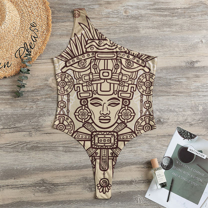 Ancient Mayan Statue Print One Shoulder Bodysuit