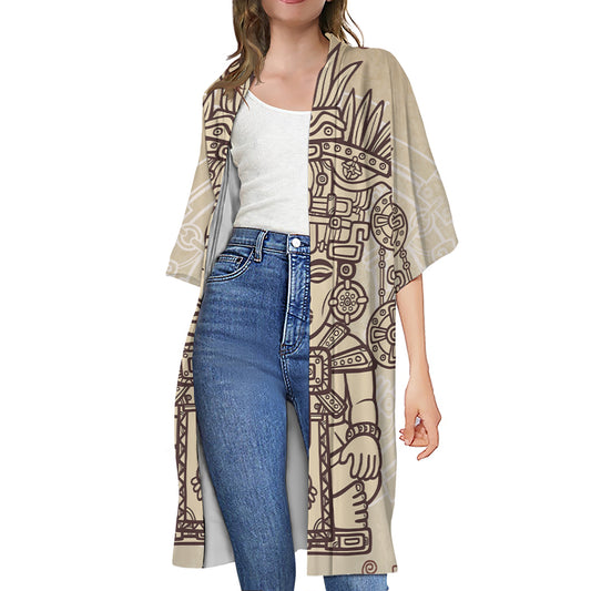 Ancient Mayan Statue Print Open Front Beach Cover Up