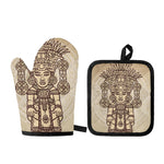 Ancient Mayan Statue Print Oven Mitt And Pot Holder Set