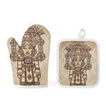 Ancient Mayan Statue Print Oven Mitt And Pot Holder Set