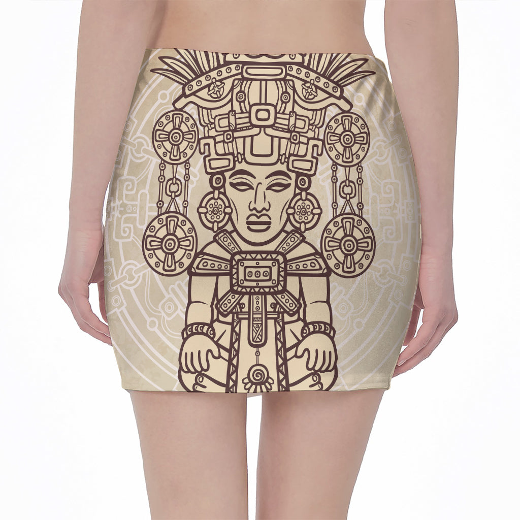 Ancient Mayan Statue Print Pencil Mini Skirt