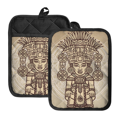Ancient Mayan Statue Print Pot Holders With Pocket