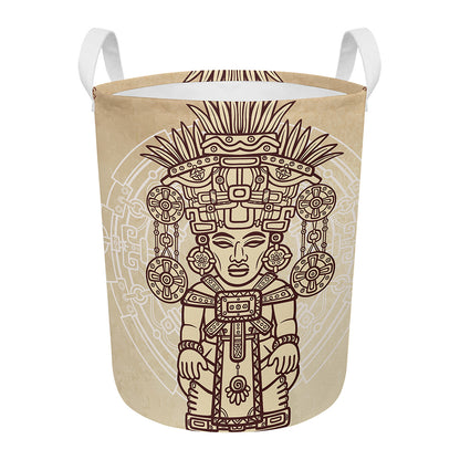 Ancient Mayan Statue Print Round Laundry Basket
