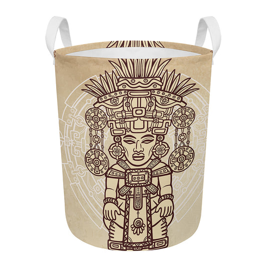 Ancient Mayan Statue Print Round Laundry Basket