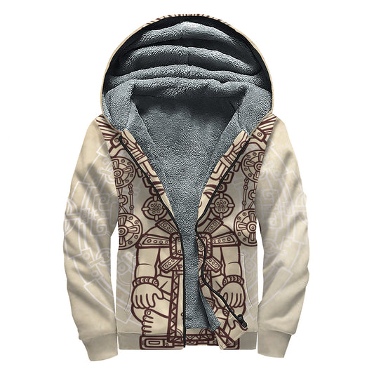 Ancient Mayan Statue Print Sherpa Lined Zip Up Hoodie