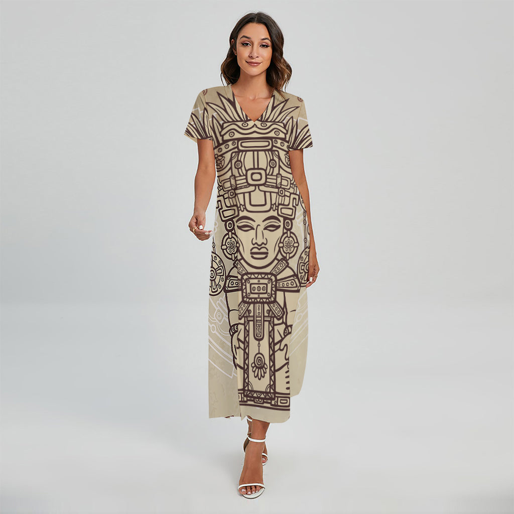 Ancient Mayan Statue Print Short Sleeve Maxi Dress