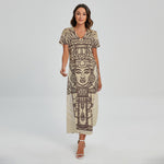 Ancient Mayan Statue Print Short Sleeve Maxi Dress
