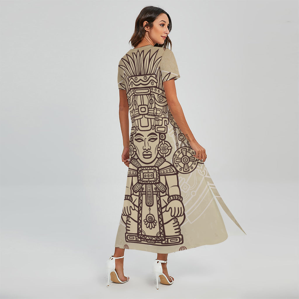 Ancient Mayan Statue Print Short Sleeve Maxi Dress