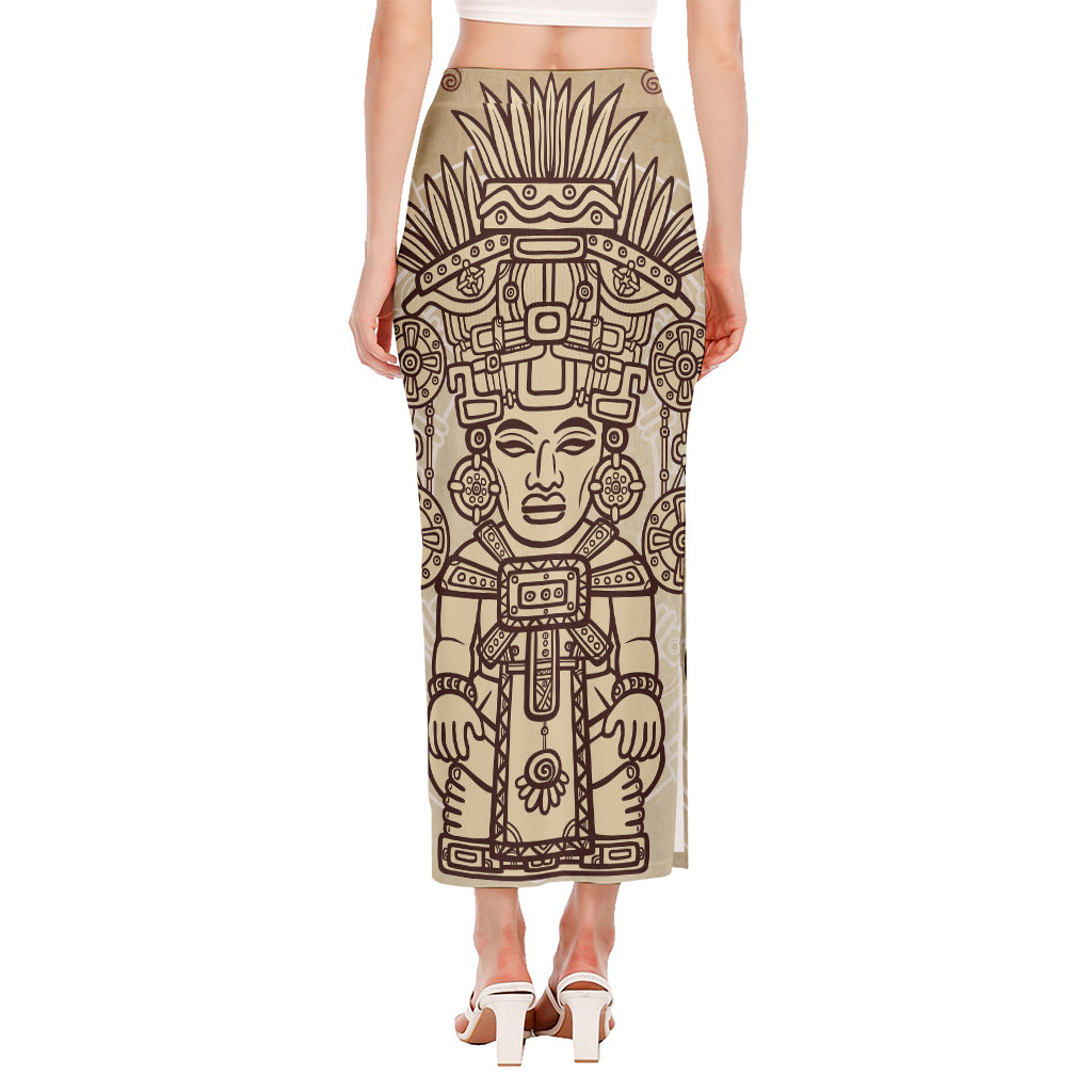Ancient Mayan Statue Print Side Slit Maxi Skirt