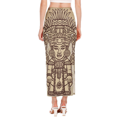 Ancient Mayan Statue Print Side Slit Maxi Skirt