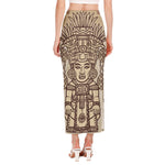 Ancient Mayan Statue Print Side Slit Maxi Skirt