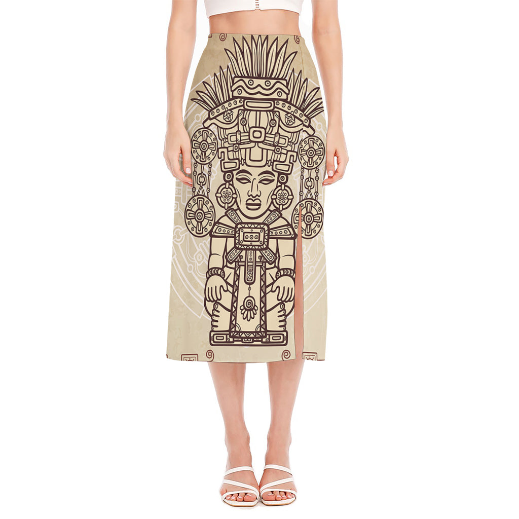 Ancient Mayan Statue Print Side Slit Midi Skirt